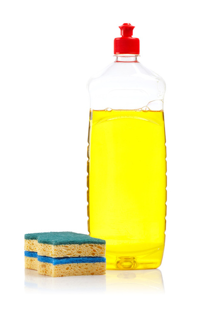 Bottle of dish washing and sponges - Foto, afbeelding