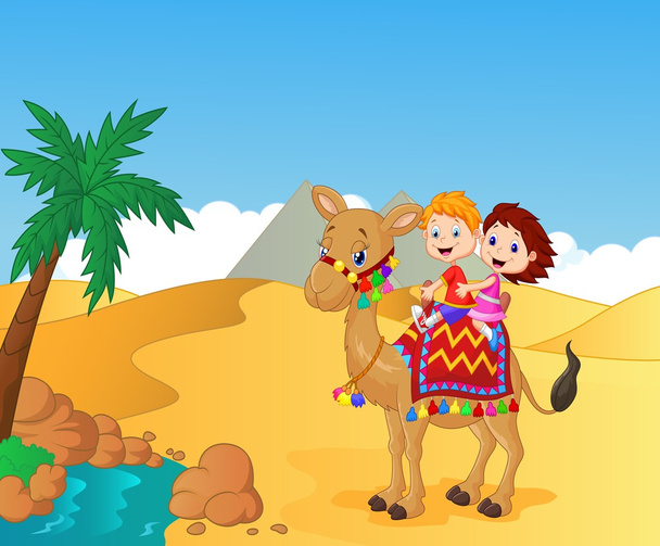 Happy kids cartoon riding camel - ベクター画像