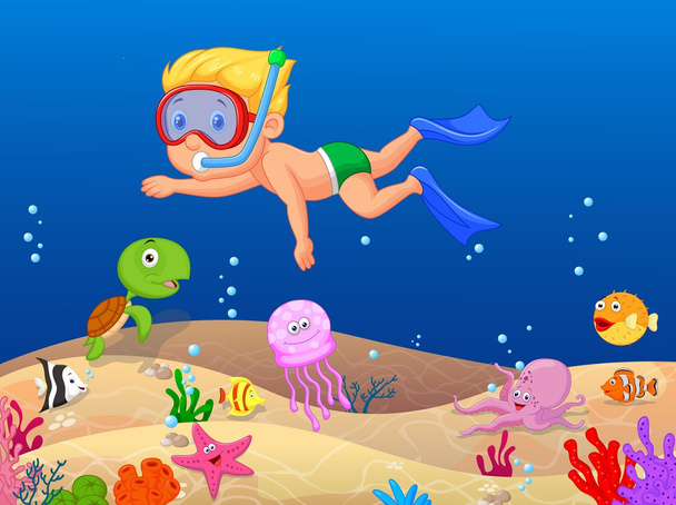 Kis fiú rajzfilm búvárkodás az óceán - Vektor, kép