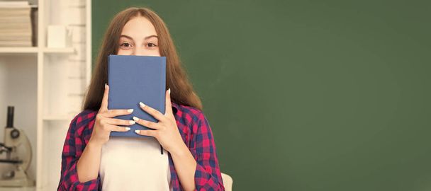 back to school. teen girl ready to study. kid do homework with book. teenager student. Banner of school girl student. Schoolgirl pupil portrait with copy space - Photo, Image