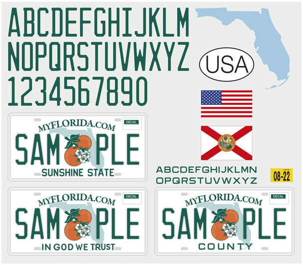 Diseño del patrón de matrícula de coche de Florida, con números, letras y símbolos, Estados Unidos de América, ilustración vectorial - Vector, imagen
