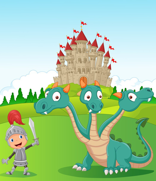 Cavaleiro dos desenhos animados com três dragões de cabeça
 - Vetor, Imagem