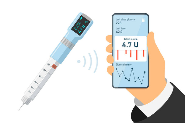 Blood glucose measurement and diabetes self care mobile app with digital wireless insulin injector pen. Diabetic sugar online control and hormone injection application concept. Diabet monitoring treat - Wektor, obraz