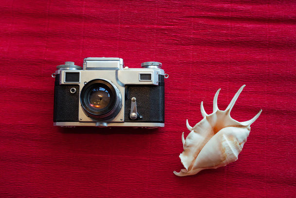 An old Soviet film camera and a beautiful sea light shell lie on a textured red paper - Photo, Image