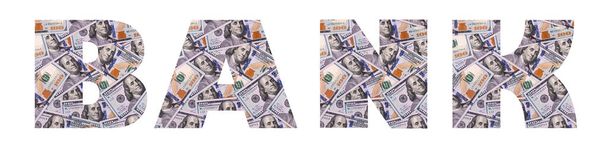 The word BANK made up of letters depicting denominations of 100 american dollars on a white background - Photo, image