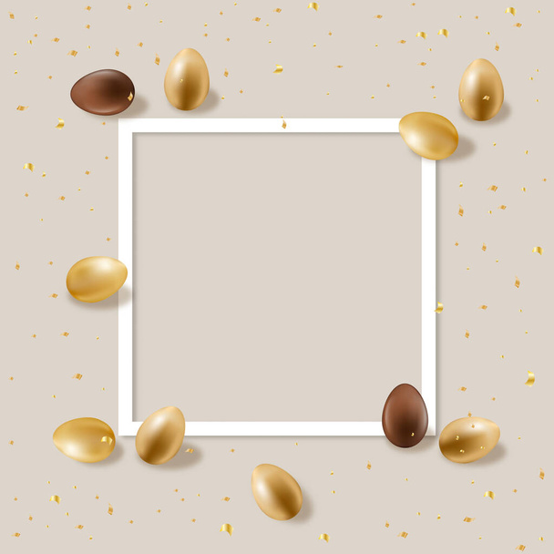 Πάσχα φόντο με διακόσμηση αυγών σοκολάτας, Top view Σχεδιασμός Πρότυπο με 3d Χρυσό Πασχαλινά αυγά και λευκό πλαίσιο σε Μπεζ φόντο, Διάνυσμα επίπεδη lay σύνθεση με αντίγραφο χώρο για το κείμενο - Διάνυσμα, εικόνα