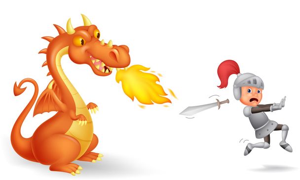 Desenhos animados de um cavaleiro correndo de um dragão feroz
 - Vetor, Imagem