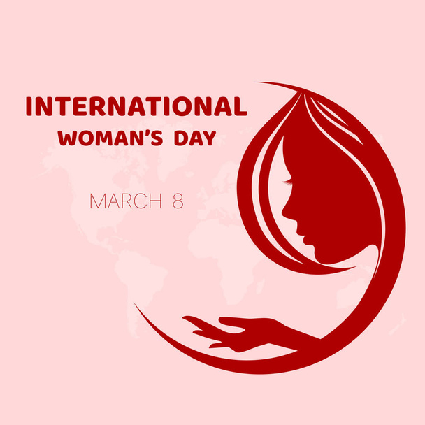 Красный символ международного женского дня с лицом и рукой. Гуманитарная женщина помощь и поддержка этикетки изолированы на белом фоне - Вектор,изображение