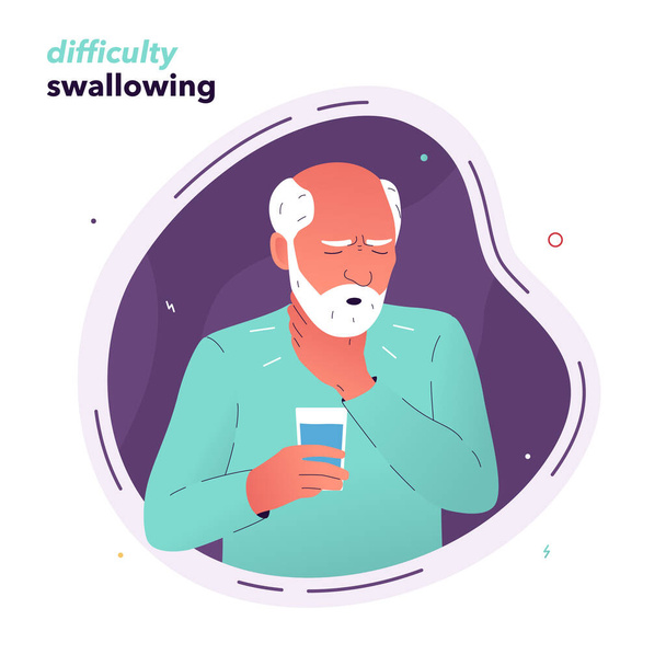 Vector illustration of a man in pain when swallowing. An elderly man suffering from dysphagia holds his throat with his hand. Symptoms of Parkinsons disease, multiple sclerosis, stroke - Vektor, Bild