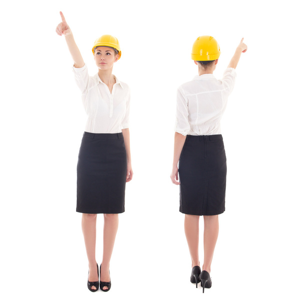Вид спереди и сзади бизнес женщина архитектора в желтый builde - Фото, изображение