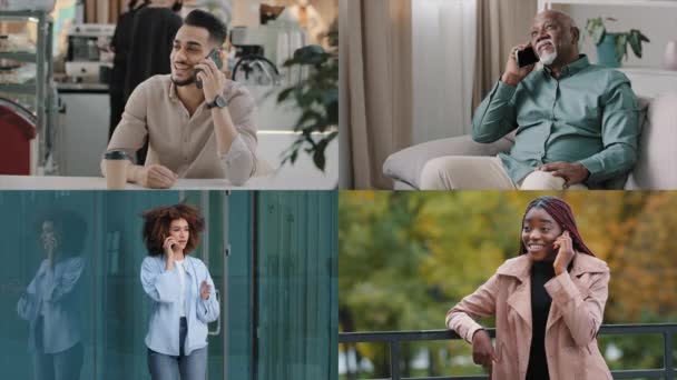 Diverse ethnic group multiracial business people colleagues friends partners men and women talk mobile phone use wireless cell connection chatting online modern montage technology split screen concept - Záběry, video