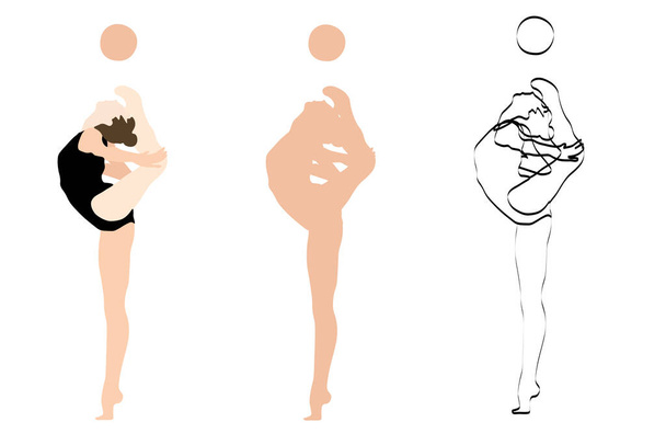 A gymnast who stands on one leg and reaches the head with the other leg. The ball flies from above - Vector, Image