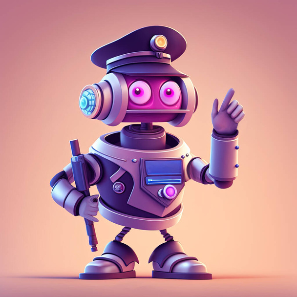 Funny robot policeman with police hat and stick with finger pointing up. Generative AI illustration - Photo, Image