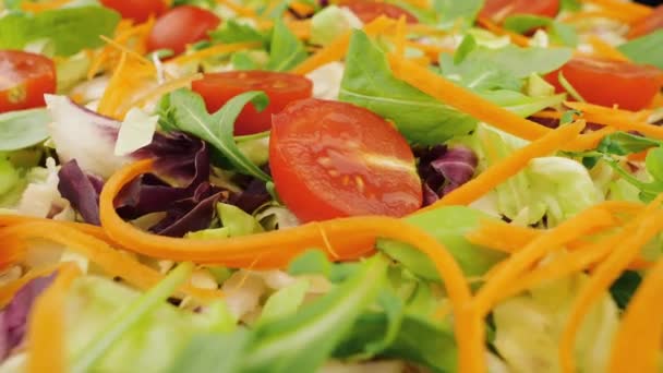 Fresh vegetable salad mixed with arugula, cherry tomato, purple lettuce, spinach, frisee, chard leaf, and carrot - Séquence, vidéo