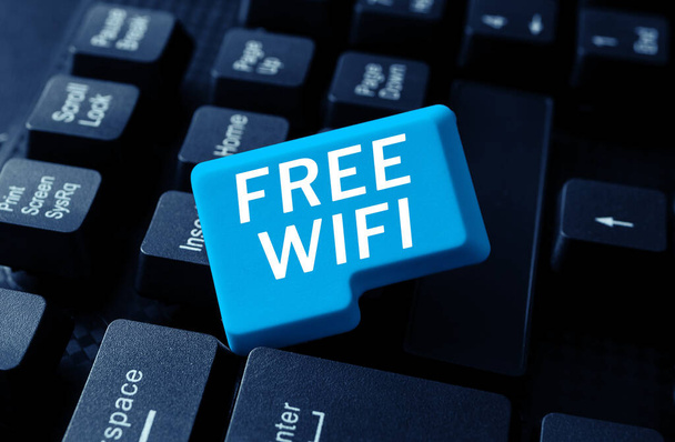 Текстовый знак, показывающий бесплатный Wi-Fi, Word Written на позволит вам подключиться к Интернету в общественных местах без оплаты - Фото, изображение
