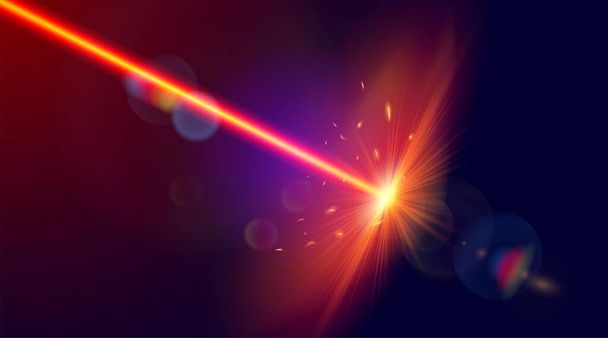 Laser beam with bright shiny sparkles. Red laser strike. Vector image. - Vector, afbeelding