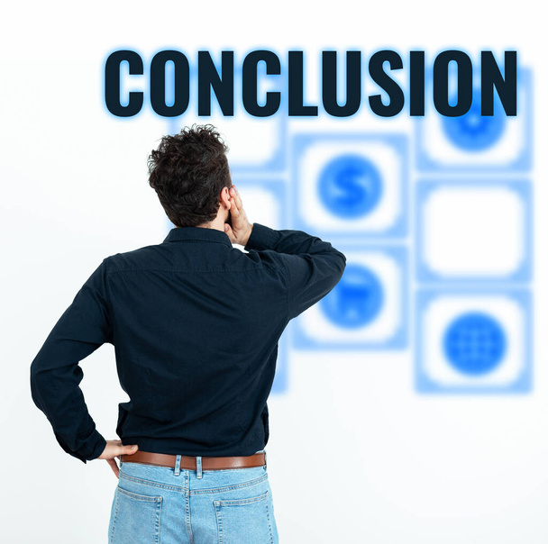 Text caption presenting Conclusion, Concept meaning Results analysis Final decision End of an event or process - Zdjęcie, obraz