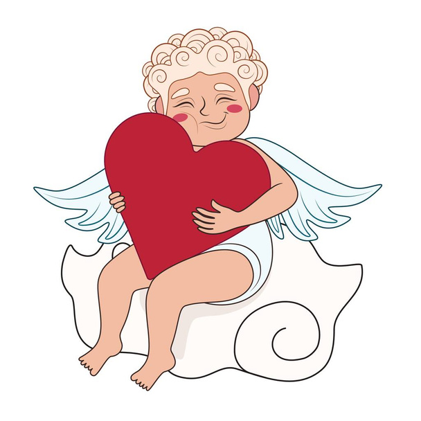 Cute Cupid with big red heart and cloud on white background - Vettoriali, immagini