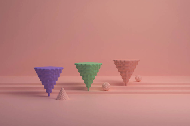 Abstract background, mock up scene with beige-pink, green and purple pixelated cone podiums on beige-pink background and stairs. 3d rendering. - Zdjęcie, obraz