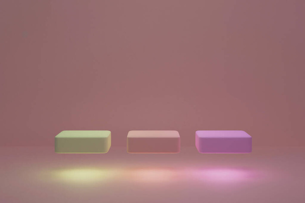 Abstract background, mock up scene with beige-pink, yellow and purple floating and glowing cube podiums on beige-pink background. 3d rendering. - Photo, image