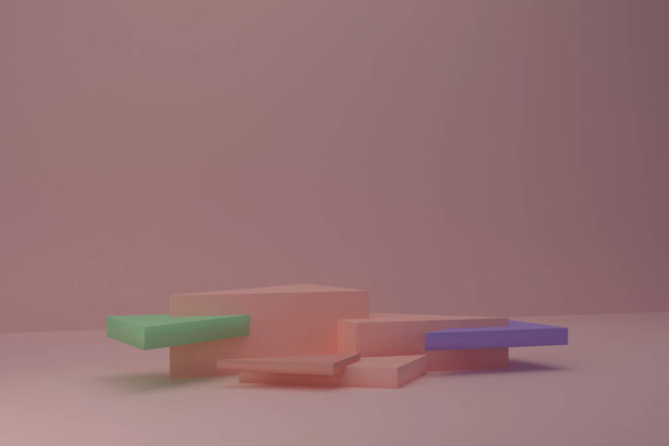 抽象的な背景、ベージュピンクの背景にベージュピンク、緑と紫の要素とベージュピンクプリズムの表彰台とモックアップシーン。3Dレンダリング. - 写真・画像