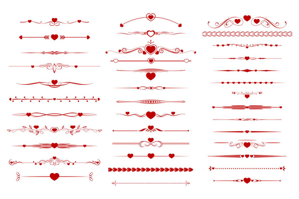 Set of red text dividers. Red dividers for Valentine's day. Set of graphic design elements. Vector illustration - Vector, Image