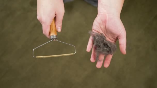 Close up of hand holding dust ball and carpet scraper tool. Rug cleaning device and pile of dirt in palm.  - Footage, Video