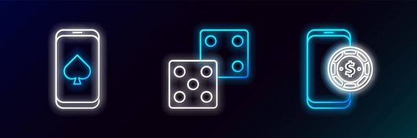 Set line Online poker table game,  and Game dice icon. Glowing neon. Vector - Vector, imagen