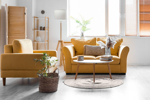 黄色のソファ、アームチェア、花瓶のパンパス草とリビングルームのインテリア - 写真・画像