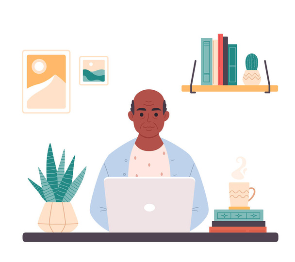 Old black man working on computer at home. Online education, web courses, remote working, modern technologies and old people. Vector illustration - Vektor, Bild