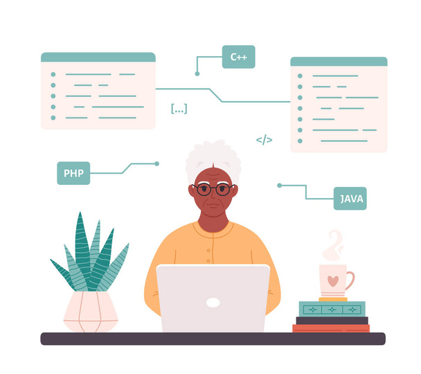 Old black woman working on computer at home. Programming, freelance, remote working. Modern technologies and old people. Vector illustration - Vektor, obrázek