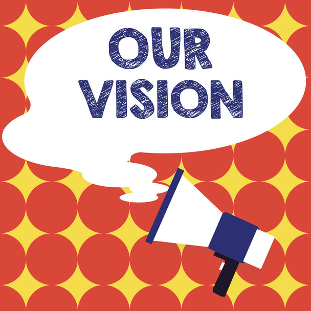 Znak tekstowy przedstawiający naszą wizję, biznes plan koncepcyjny na najbliższe pięć do dziesięciu lat o celach firmy, które mają być wykonane - Zdjęcie, obraz