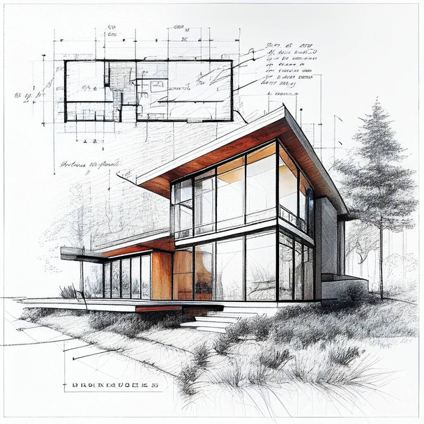 Αρχιτεκτονικό σκίτσο ενός νέου διώροφου σύγχρονου σπιτιού. Ζωγραφίζει ένα σκίτσο σπιτιού. Τεχνική κλήρωση της σύγχρονης διώροφης κατοικίας. 3D απεικόνιση. - Φωτογραφία, εικόνα