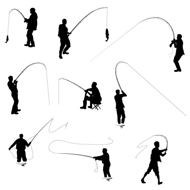 The Set of Fishermen Silhouettes Isolated on the white background - Vector, afbeelding
