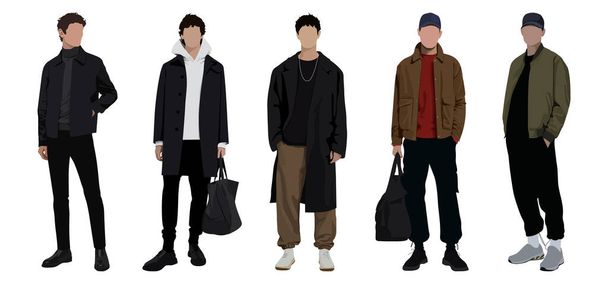 Group fashion men in modern trendy outfits. Young people wearing stylish casual summer clothes. Colored flat graphic vector illustration of fashionable man isolated on white background - Vector, Image