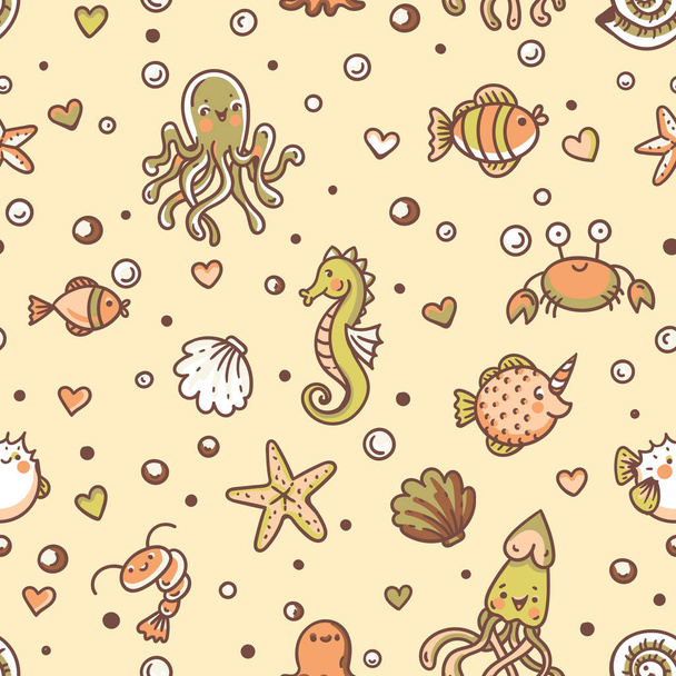Cute muted doodle sealife vector seamless pattern, underwater funny creatures - Vecteur, image