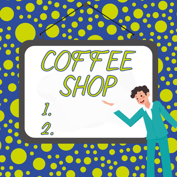 Text sign showing Coffee Shop, Business overview small informal restaurant serving coffee and light refreshments - Foto, immagini