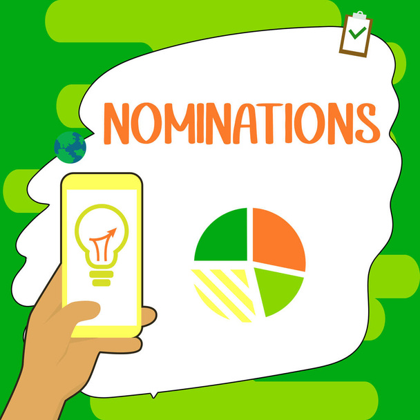 Inspiration showing sign Nominations, Concept meaning the act of officially suggesting someone for a job or position - Fotó, kép