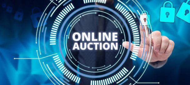 Sign displaying Online Auction, Concept meaning process of buying and selling goods or services online - Photo, image
