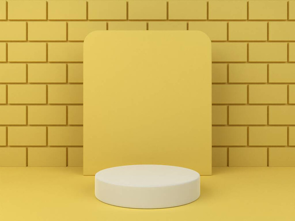 3D minimalist podium with yellow bricks background for product display. Abstract geometric shape background with pastel colors and empty podium. 3D render. - Valokuva, kuva