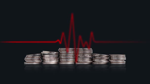 Piles of coins and electrocardiogram. Concept of economic instability. - Séquence, vidéo