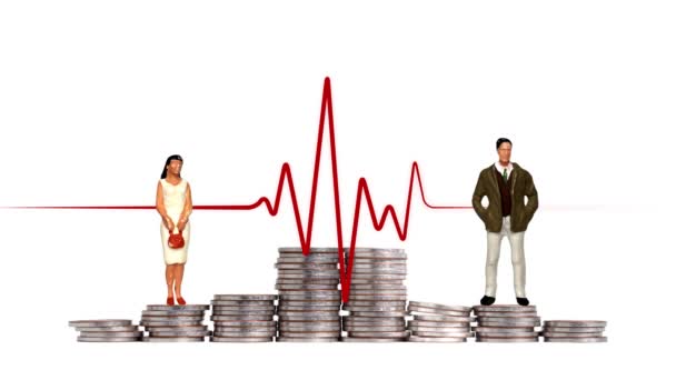 Miniature people standing on pile of coins with curve graph. A business concept with miniature people and coins. - Filmati, video