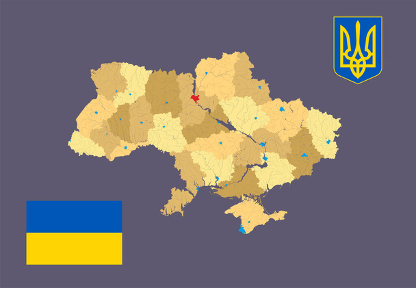 Map of Ukraine with administrative divisions, Coat of arms of Ukraine, and Flag of Ukraine. - Vektör, Görsel