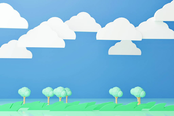 Nature, trees, meadows and clouds in the sky, 3D render, pastel color, cartoon style, black drop, background - Φωτογραφία, εικόνα