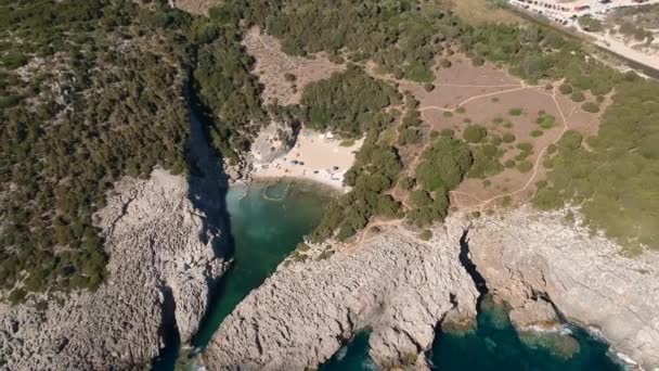 Aerial view of the iconic beach of Glossa near Voidokilia beach in Romanos Area, Messenia, Greece - Filmagem, Vídeo