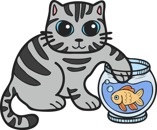 Hand Drawn striped cat playing with fish illustration in doodle style isolated on background - Vector, afbeelding