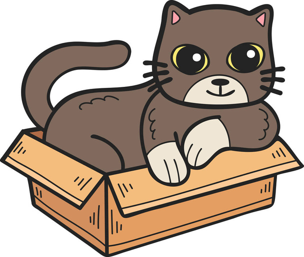 Hand Drawn cat in box illustration in doodle style isolated on background - Vector, imagen
