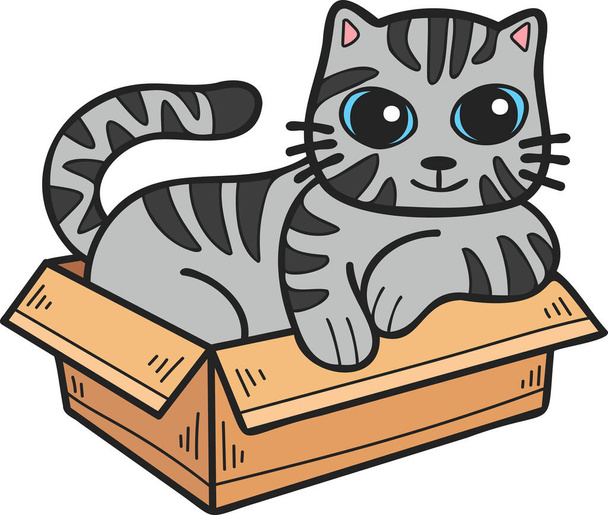 Hand Drawn striped cat in box illustration in doodle style isolated on background - Vector, imagen