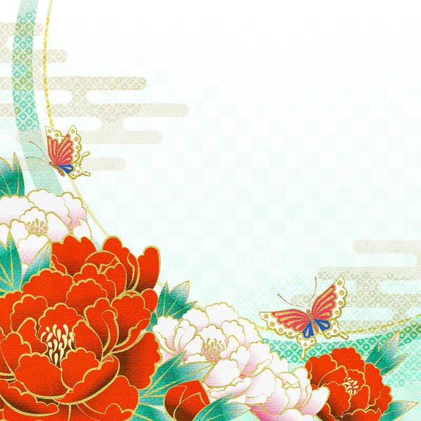 Peony flowers of tradtional japanese kimono pattern, Yuzen style, copy space available - Fotoğraf, Görsel