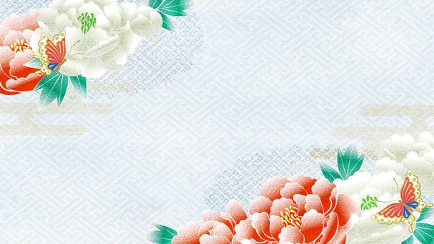 Peony flowers of tradtional japanese kimono pattern, Yuzen style, copy space available - Fotoğraf, Görsel